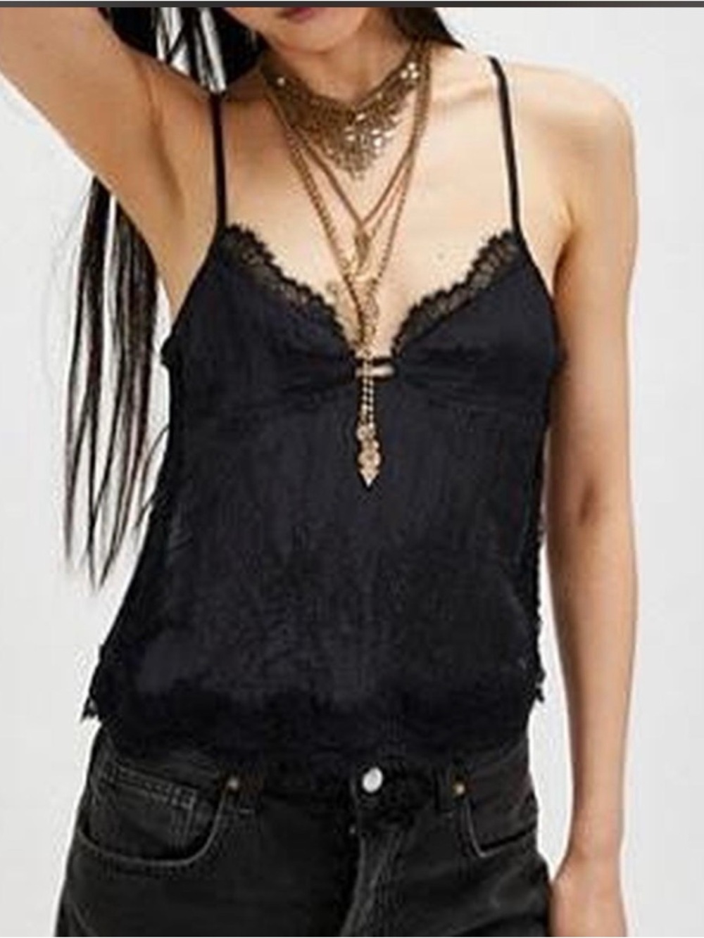 Black Lace Trim Satin Camisole Top